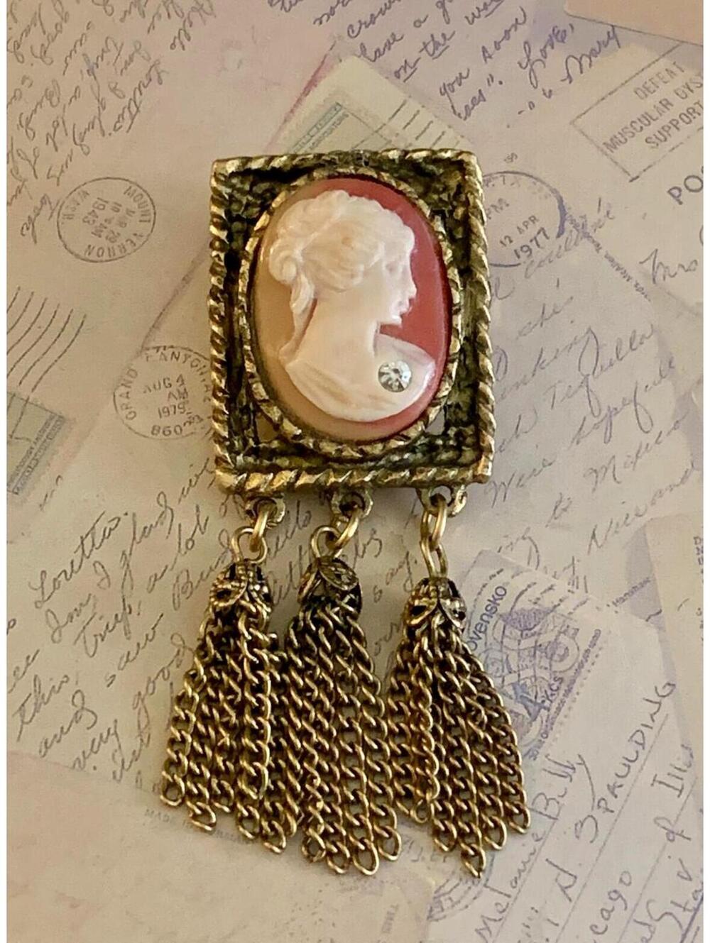 Vintage Carved Shell Maiden Cameo Tassel Brooch Rhinestone Accent